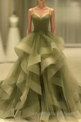 Spaghetti Strap Green A Line Long Evening Prom Dresses Formal Evening Gown Party Dresses